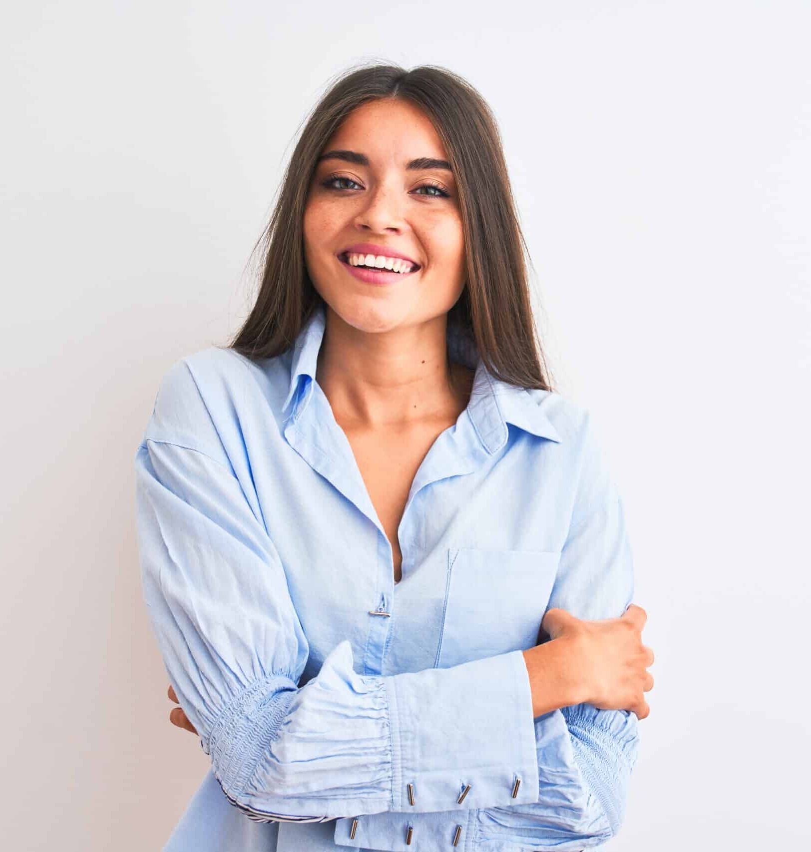 Young,aBeautiful,Woman,Wearing,Blue,Elegant,Shirt,Standing,Over,Isolated