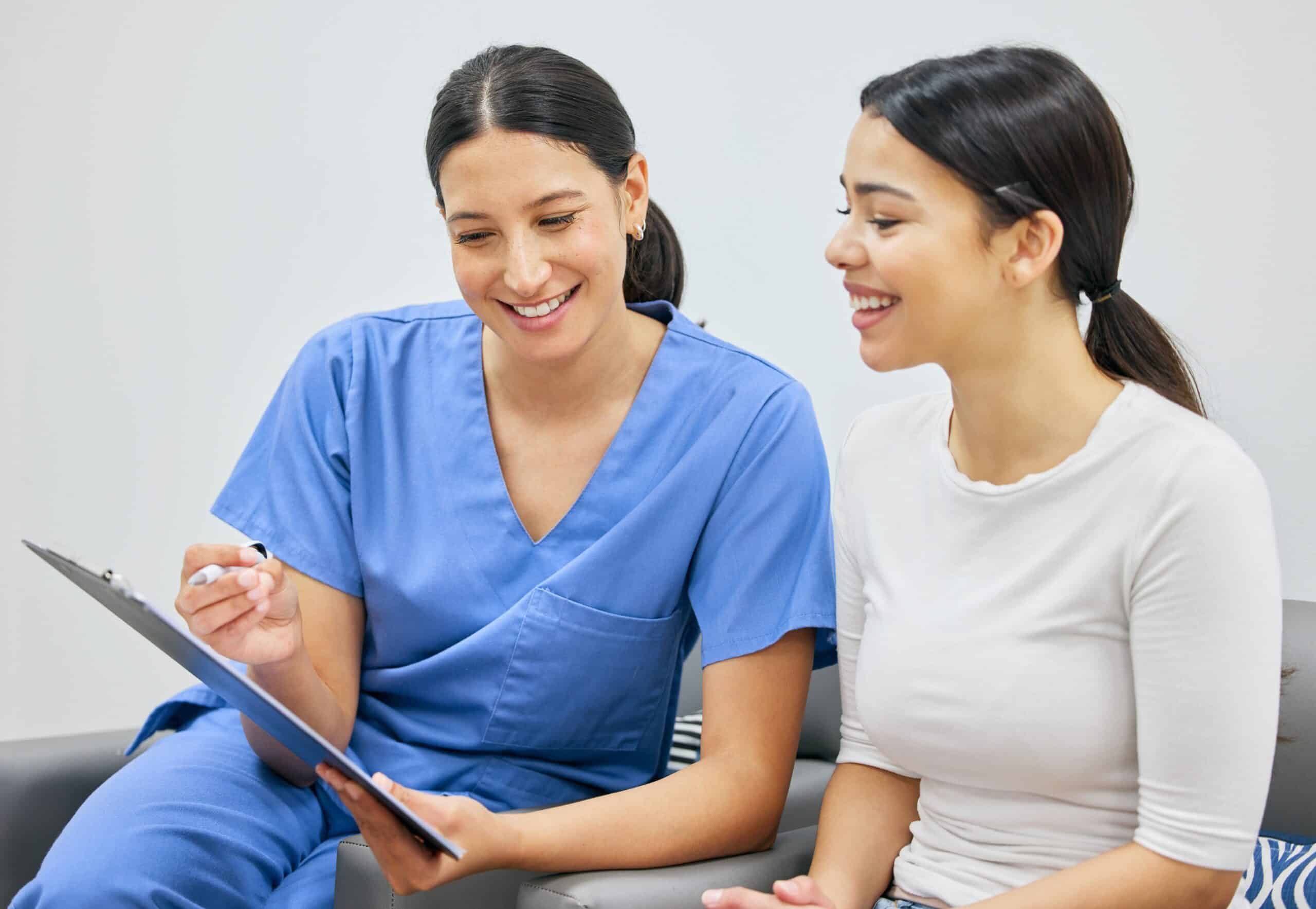 People,,Women,And,Doctor,With,Clipboard,For,Document,Or,Insurance